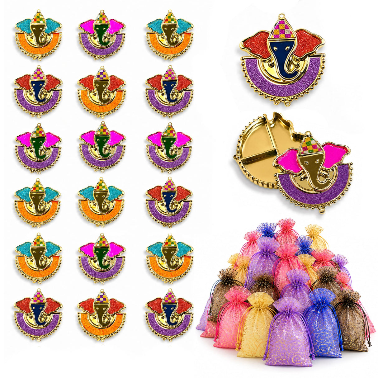 Colorful glittery ganesha-themed pin badges with gold-tone metal frames and vibrant enamel for pooja thali decor