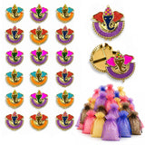 Colorful glittery ganesha-themed pin badges with gold-tone metal frames and vibrant enamel for pooja thali decor