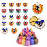 Colorful enamel ganesha-themed pin badges with gold-tone metal edges and vibrant blue orange pink and turquoise accents for pooja thali favors