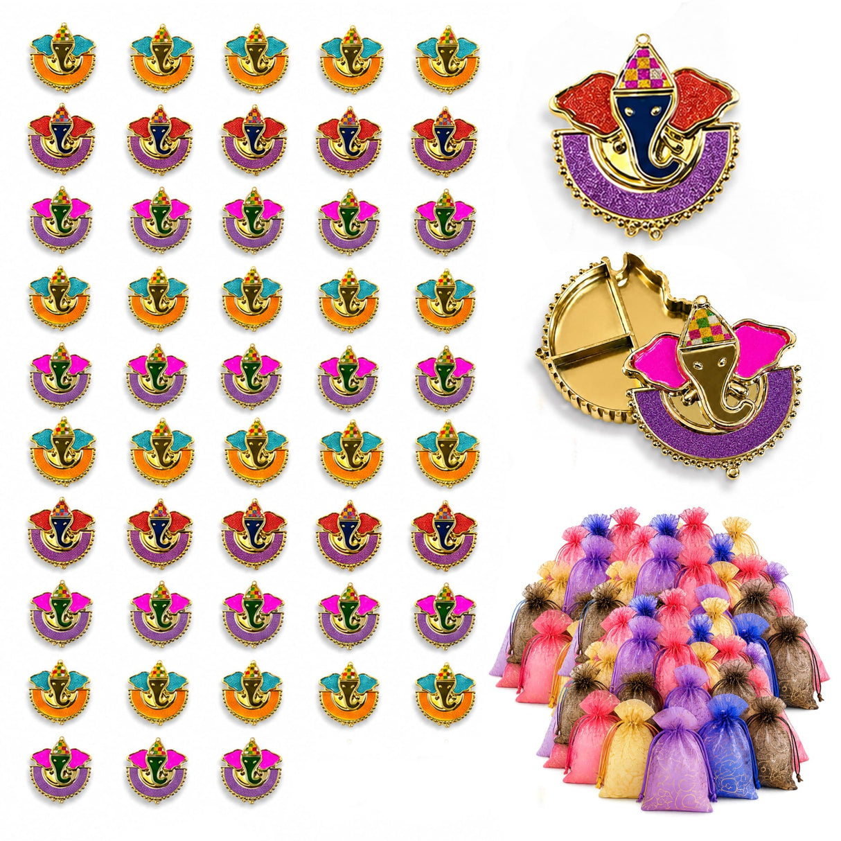Decorative ganesha haldi kumkum holder pin badges with colorful glittery enamel and gold-tone metal frames for pooja thali