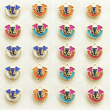 Colorful enamel ganesha-themed pin badges with gold-tone metal edges for diwali rakhi pooja and wedding favors