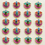Colorful enamel ganesha-themed pin badges with gold-tone metal edges and glittery finish for indian festival favors