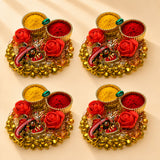 Pack of 4 golden decorative haldi kumkum thali holders with ganesha figurine red roses bells for pooja and wedding gifts
