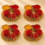 Pack of 4 gold and red decorative haldi kumkum thali holders with intricate floral designs for Indian pooja gifts