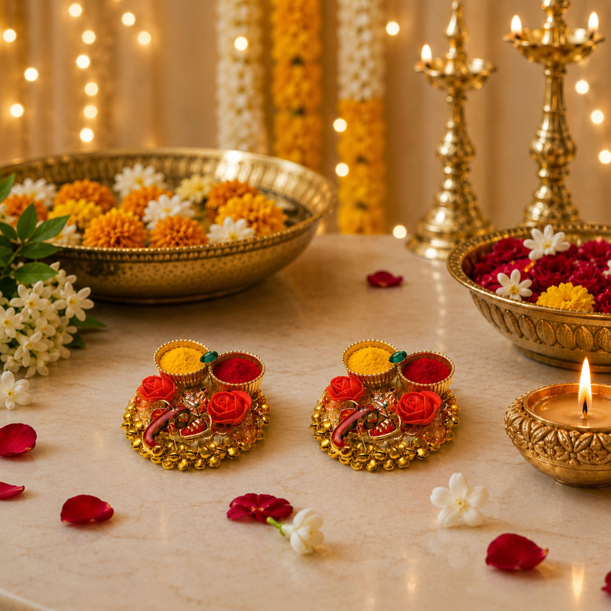 Pack of 4 golden diya pooja holders with intricate floral bell designs holding red and yellow haldi kumkum powders