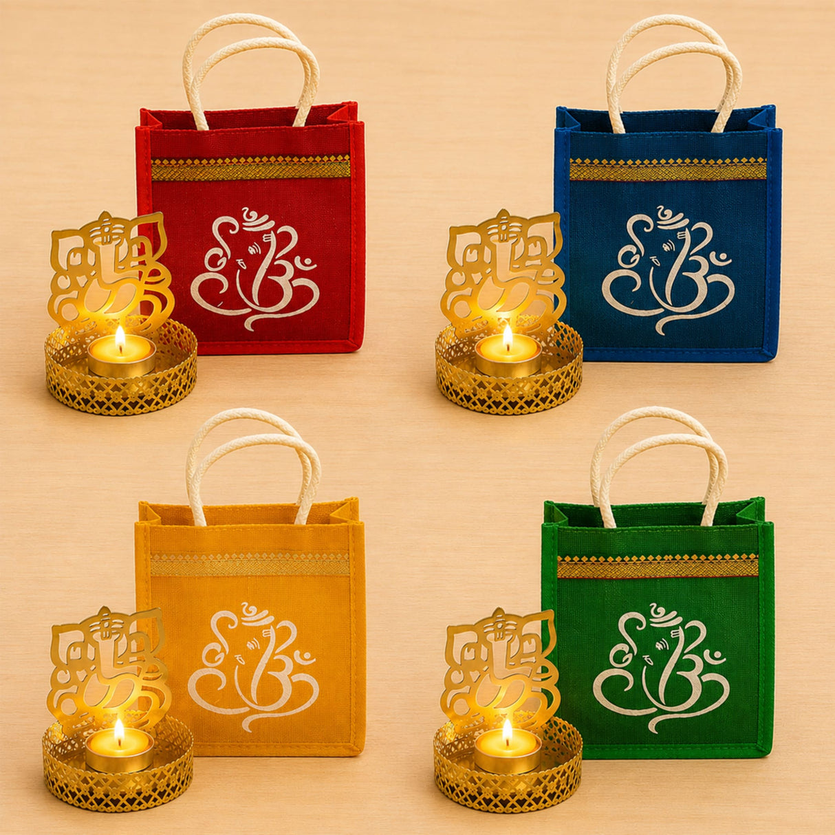 Red, blue, yellow, and green jute gift bags with white ganesha embroidery and gold trim for ganesh chaturthi and diwali gifts