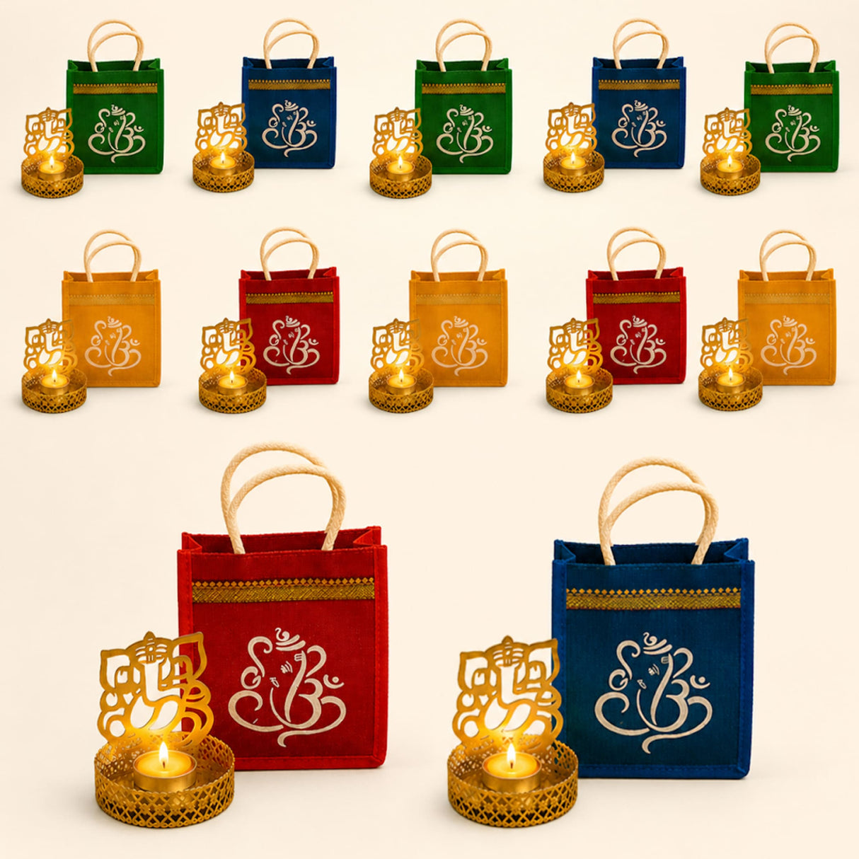 Colorful velvet ganesha gift bags with gold trim and embroidered motifs paired with ornate golden candle holders for religious gifts
