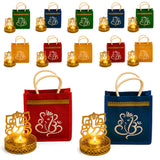 Colorful jute fabric ganesha gift bags with embroidered designs and gold trim paired with ornate golden candle holders