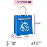 Blue jute tote bag with white Ganesha design and silver beaded trim ideal for Hindu religious and festive gift hampers