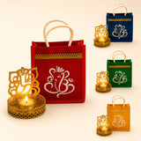 Red jute gift bag with gold trim and white ganesha design for ganesh chaturthi diwali puja and return gifts