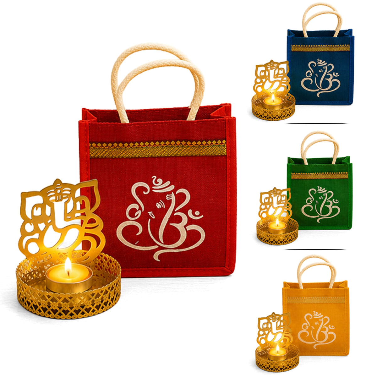 Gold-colored ganesha-themed candle holder with intricate cutout design and decorative base in a religious gift hamper