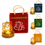 Gold-colored ganesha-themed candle holder with intricate cutout design and decorative base in a religious gift hamper