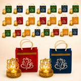 Red and blue velvet ganesha gift bags with gold handles and white embroidered design for hindu religious occasions