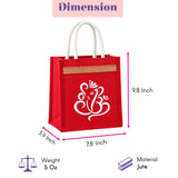 Red jute tote bag with white handles and gold trim featuring a white Ganesha design for Hindu religious gift hampers