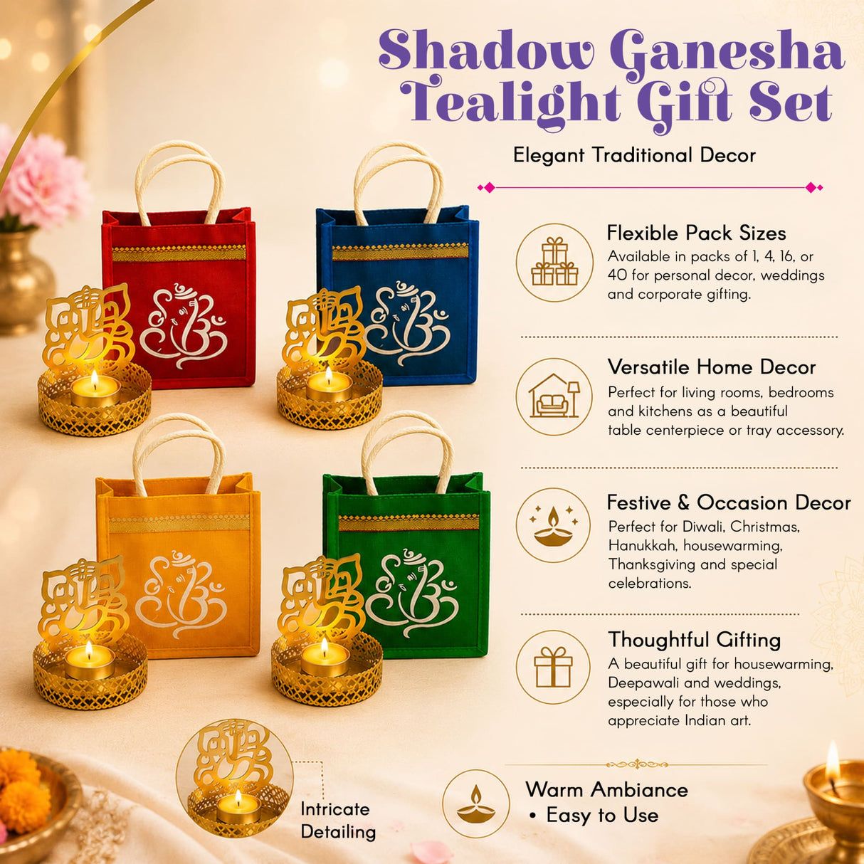 Ganesha jute fabric gift bags in red blue orange and green with gold handles each containing a golden ganesha tealight holder