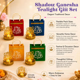 Ganesha jute fabric gift bags in red blue orange and green with gold handles each containing a golden ganesha tealight holder