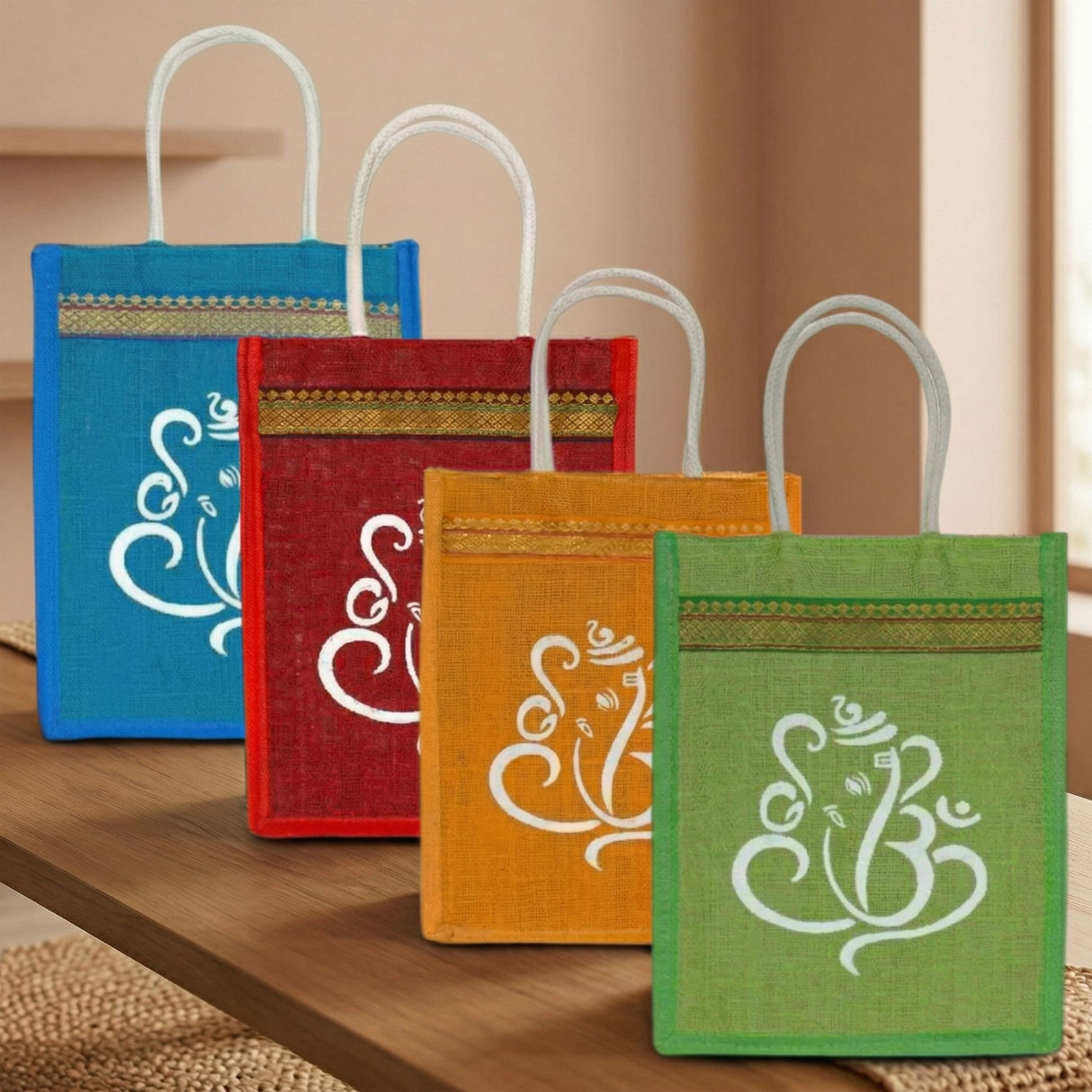Four colorful jute tote bags with white ganesha design and gold trim eco-friendly reusable pooja gift bags