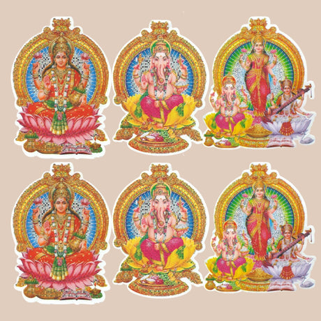 6CT Ganesha Laxmi and Saraswati Wall Sticker Decorative Easy Peel Poster Premium Glitter Effect Pooja Room Wall Sticker Hindu Diwali Decor Indian God Sticker Home Office - LoveNspire