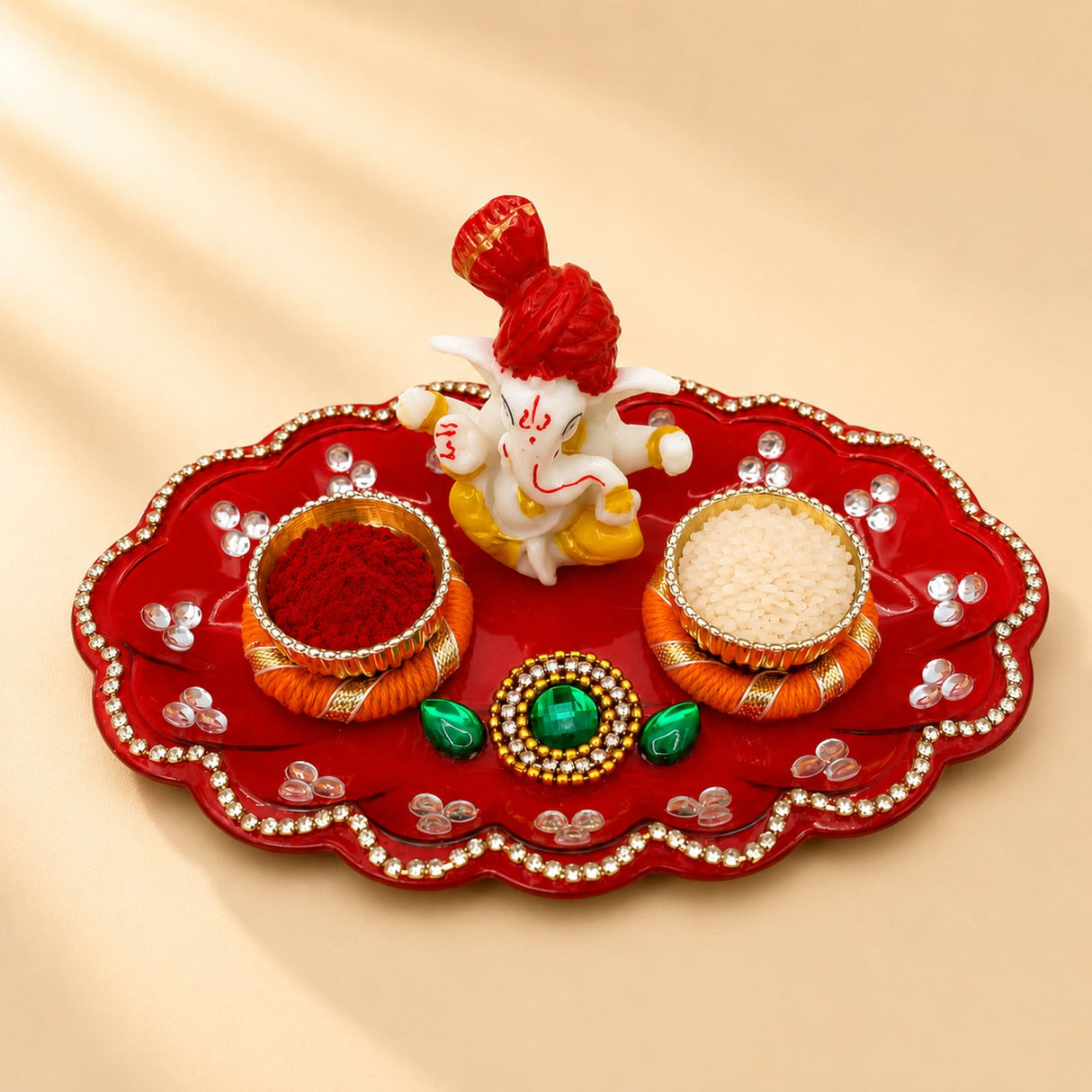 Red ornate scalloped ganesha haldi kumkum holder thali with rhinestones, vermilion, rice bowls, ideal indian gift