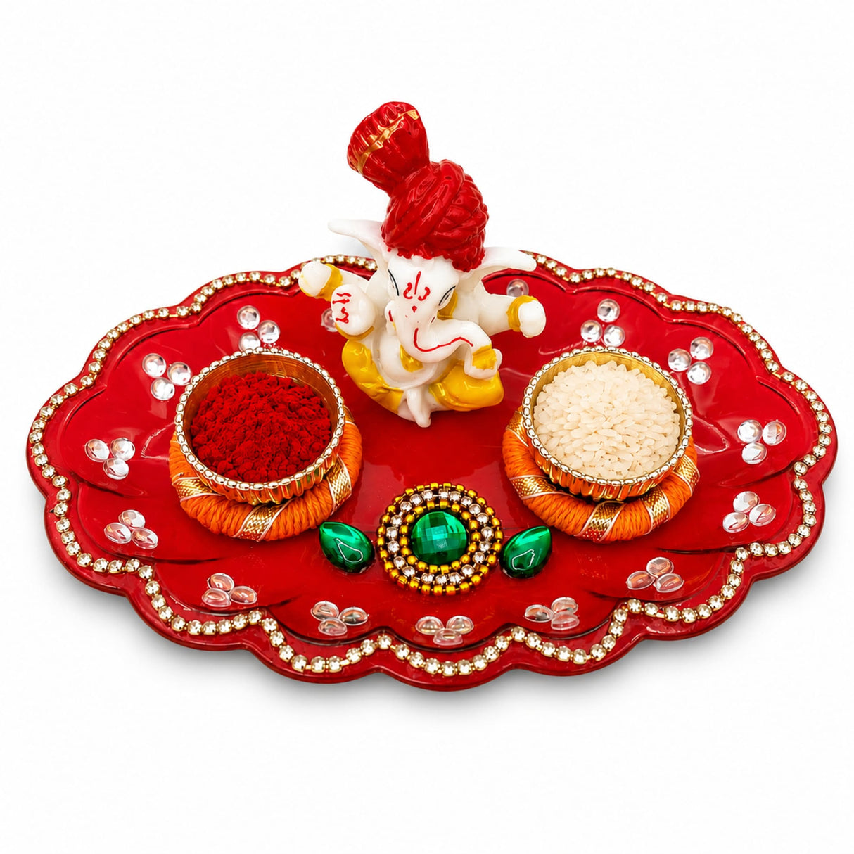 Red ornate ganesha haldi kumkum holder thali with scalloped edges, green gemstones, bowls for pooja gifts and favors