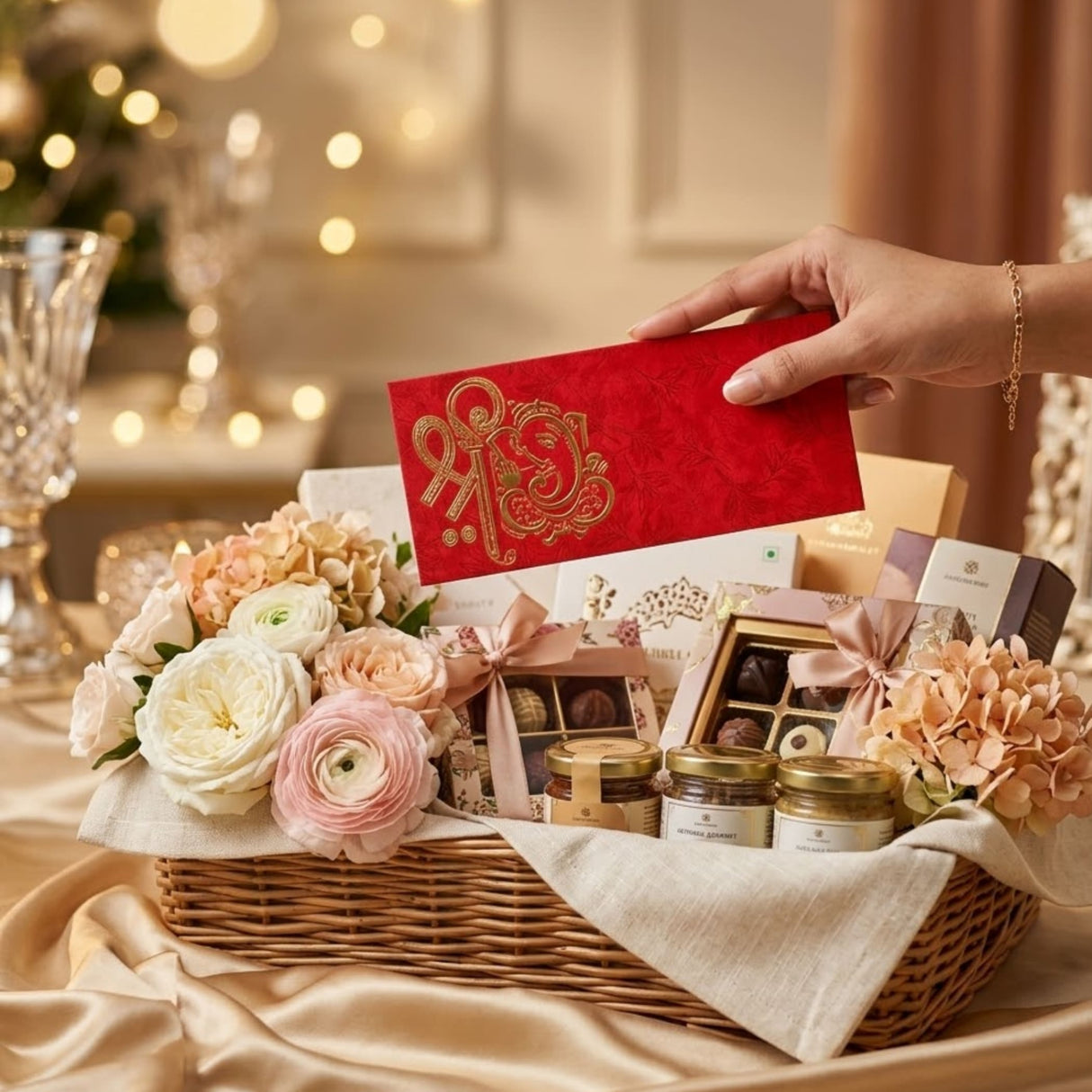 A vibrant red 7x3 inch money envelope with gold embossed ganesha design held above a wicker gift basket of flowers and treats