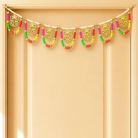 A vibrant gold ganesha multicolor bead door toran 3.5 ft with red green yellow and pink beads for festive decor
