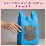 Blue non woven reusable shopping bag with brown ganesha print for Indian wedding puja and housewarming gifts
