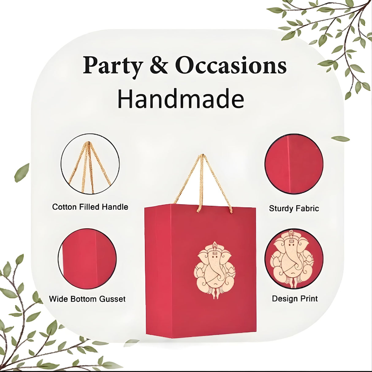 Red handmade paper carry bag with gold-toned ganesha print and cotton handles for wedding and puja gifts 8x4x10 inch