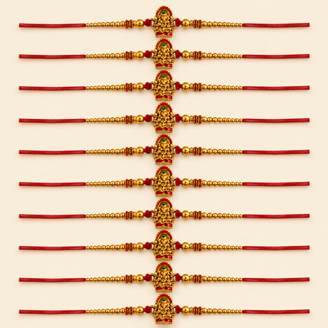 Handcrafted ganesha rakhi bracelet set with golden lord ganesha, red and gold beads, green gemstones, adjustable thread for raksha bandhan