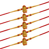 Five handcrafted golden ganesha rakhi bracelets with red adjustable threads and beads for brother and bhabhi protection