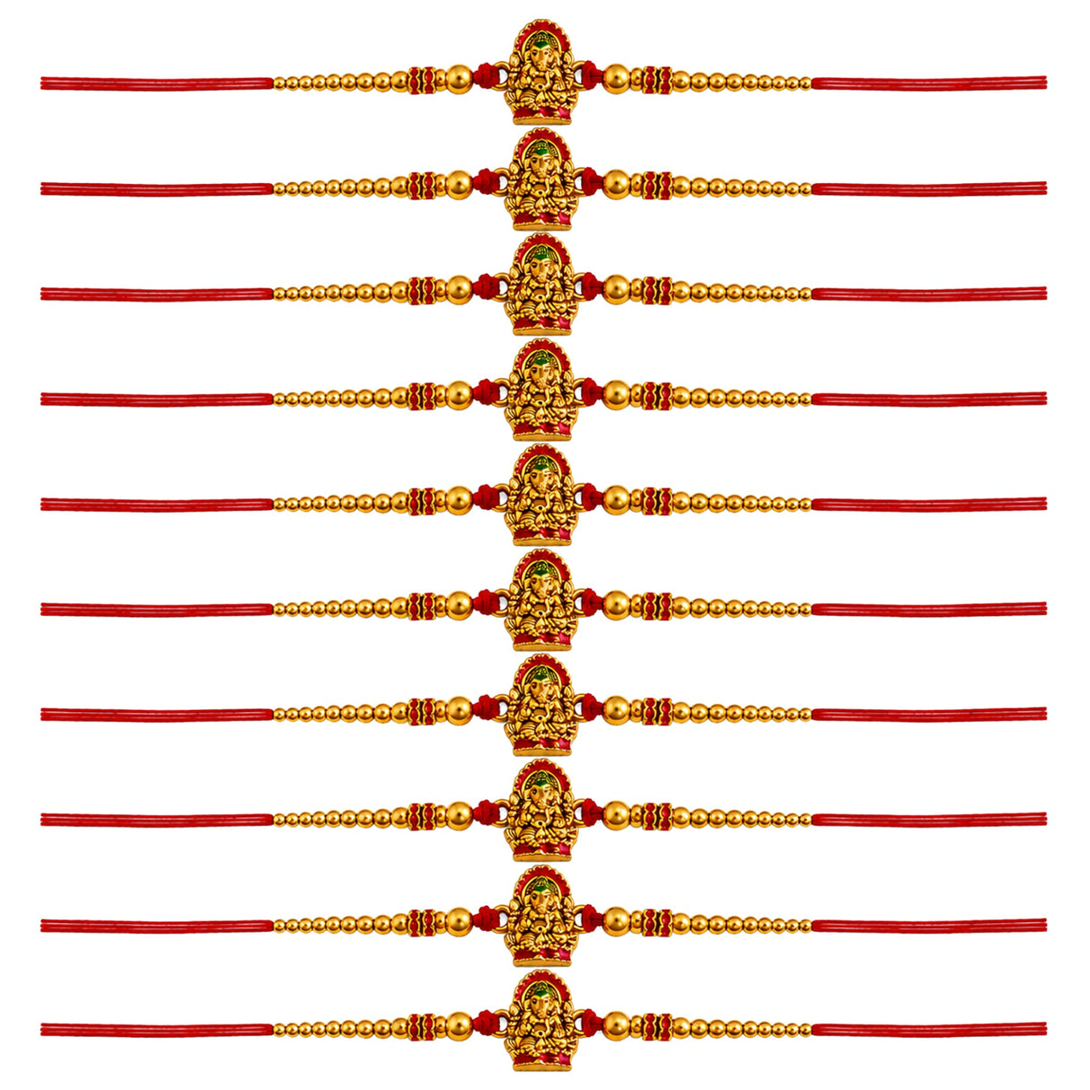 Golden handcrafted ganesha rakhi bracelet with intricate deity design, red adjustable thread, and decorative beads for raksha bandhan