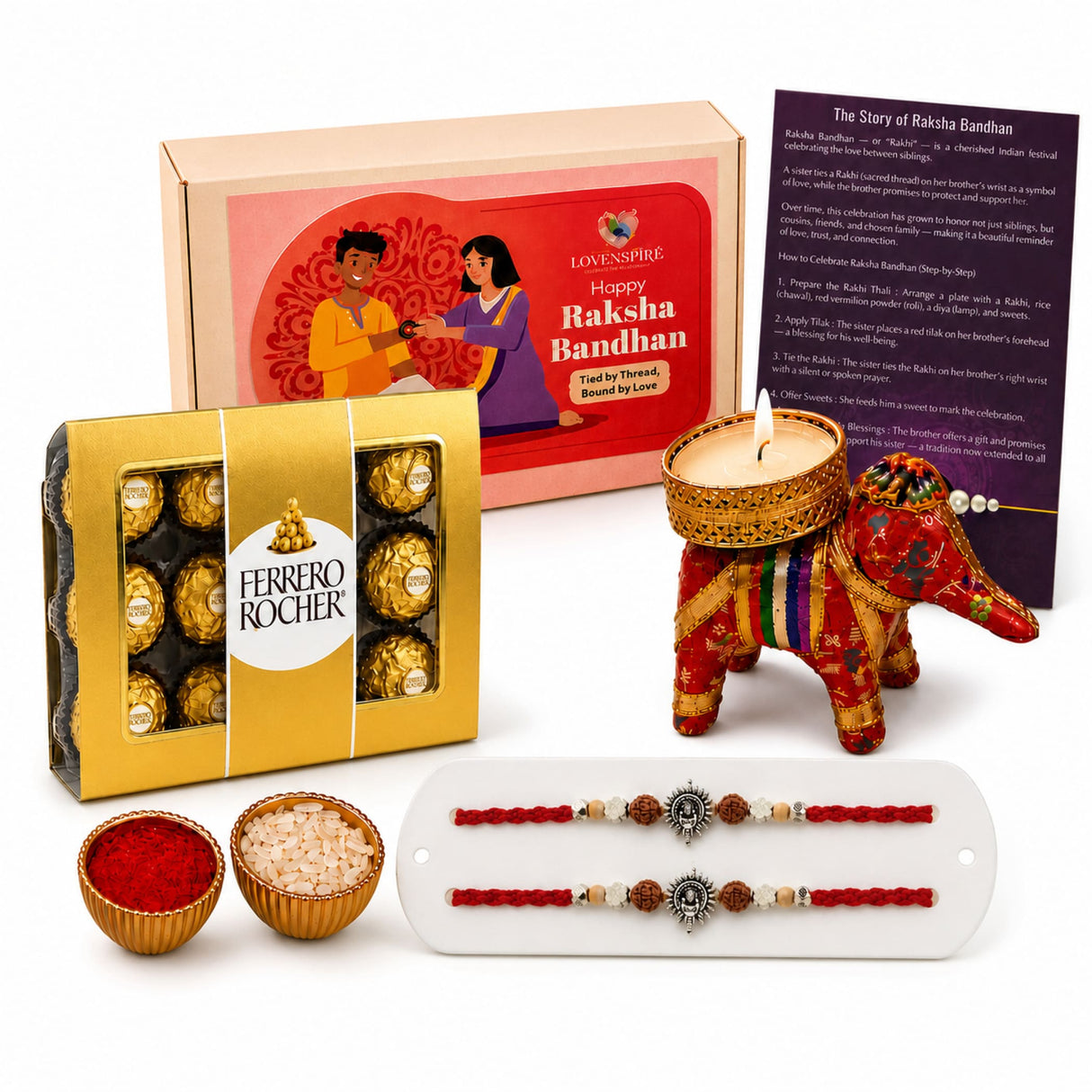 Designer ganesha rakhi gift hamper featuring a red and gold elephant-shaped candle holder with intricate embroidery