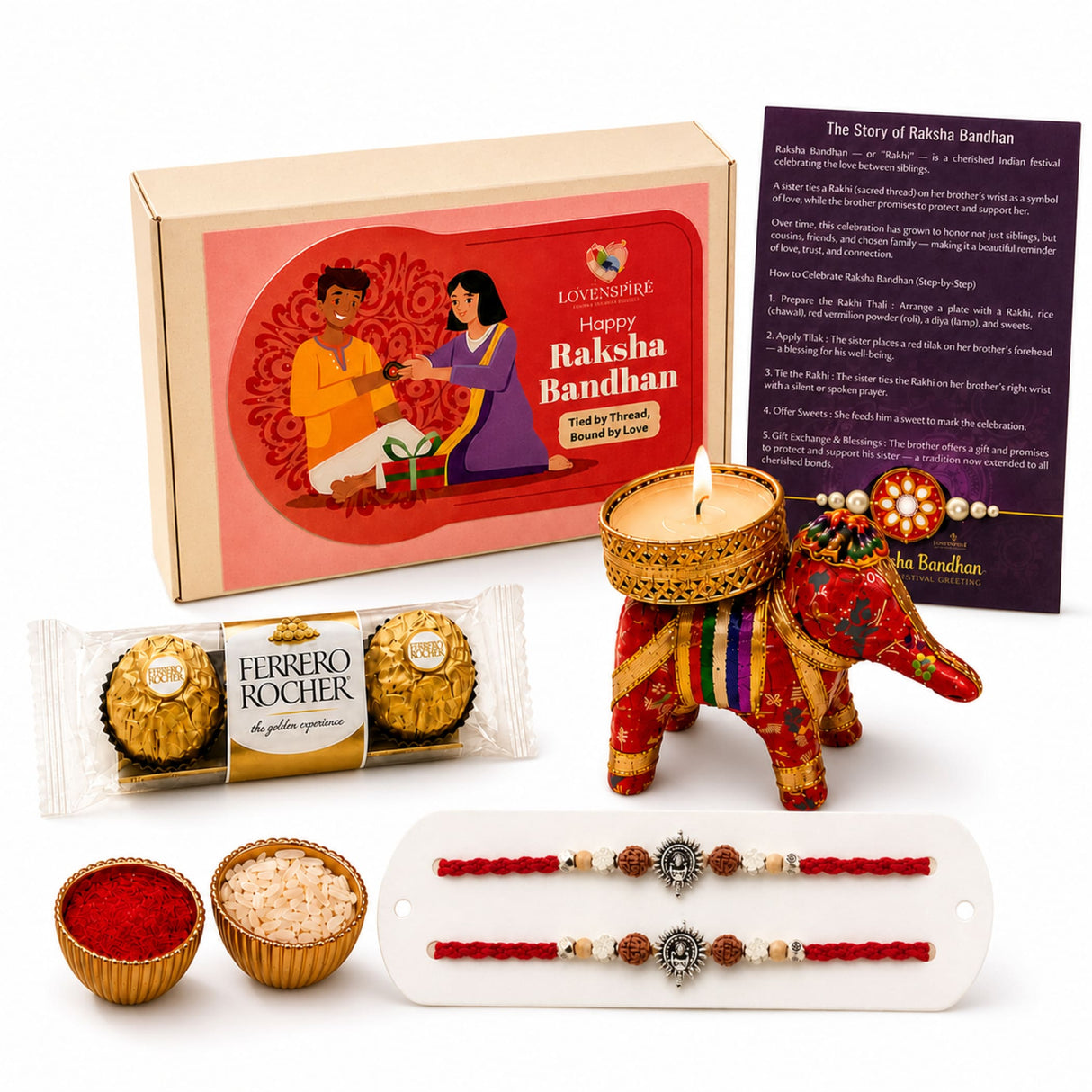 Red elephant-shaped candle holder with gold and rainbow stripes included in designer ganesha rakhi gift hamper