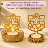 Golden decorative ganesha candle holders with intricate cut-out designs and beaded bases from raksha bandhan gift hamper set