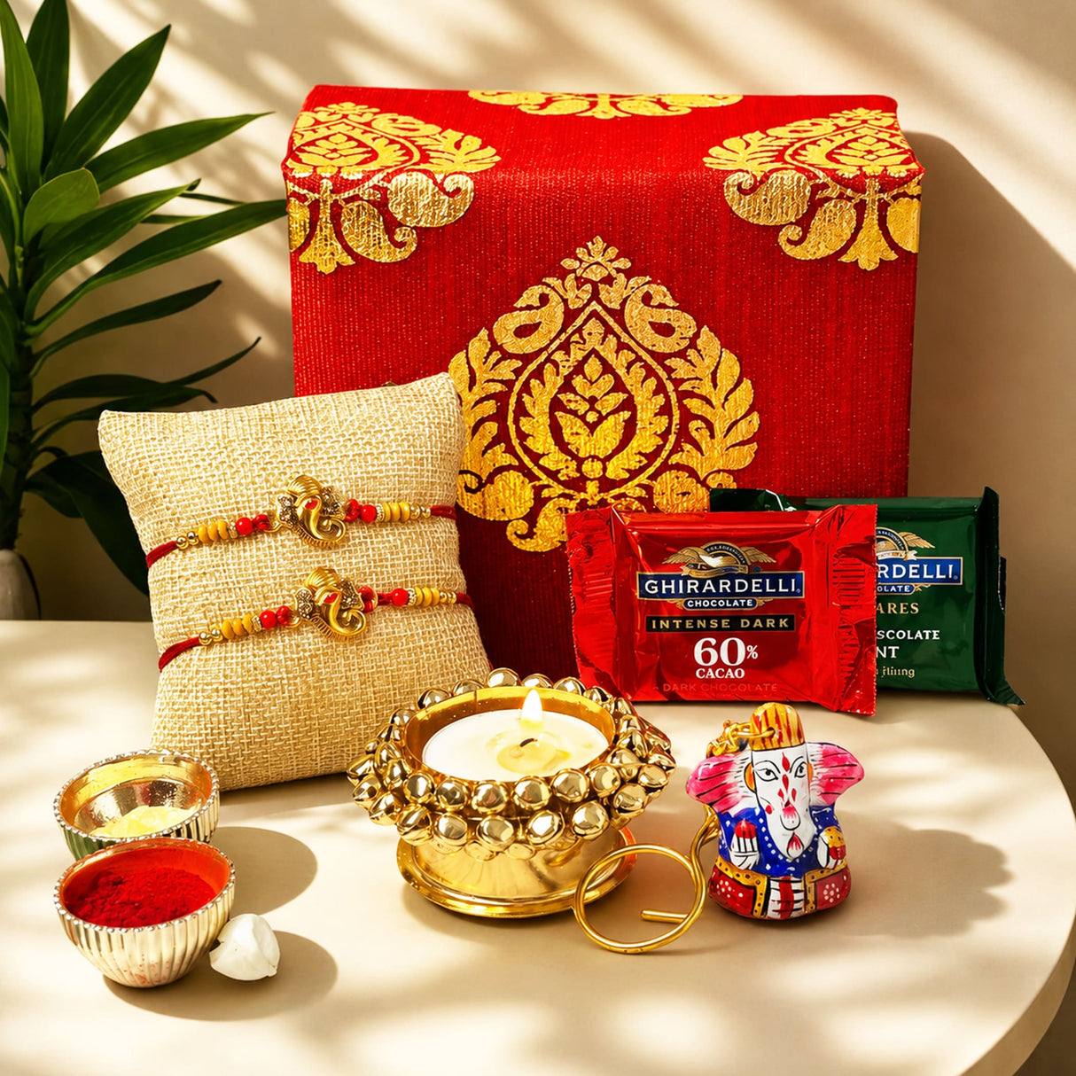 Red and gold patterned brocade gift box with intricate golden embroidery for raksha bandhan hamper for brother and bhabhi