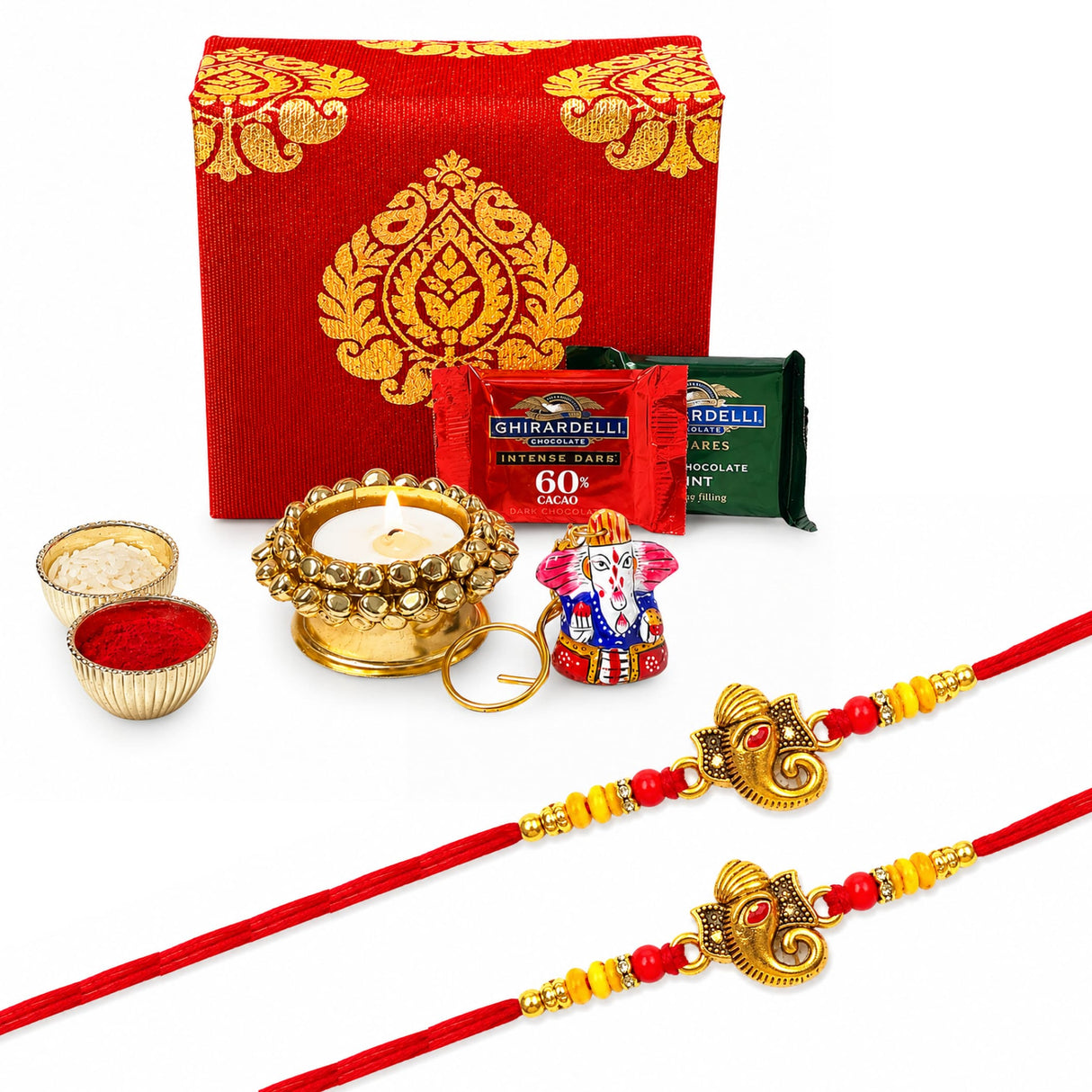 Red and gold ganesha-themed rakhi with intricate metalwork and red and yellow beads from raksha bandhan brocade gift box hamper