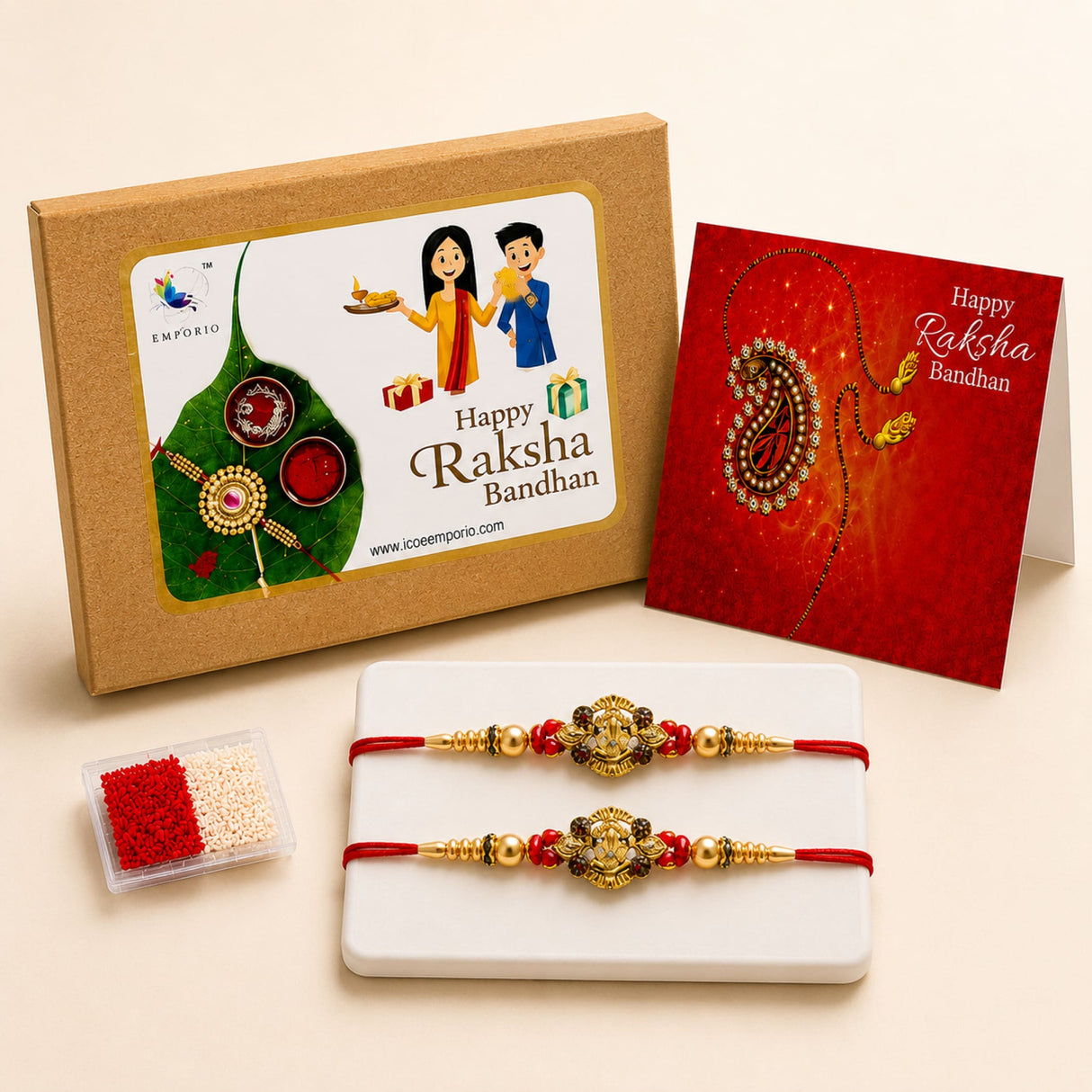 Gold-colored ganesh rakhi with red thread and intricate beadwork from traditional handmade bracelet gift set for brother and bhabhi