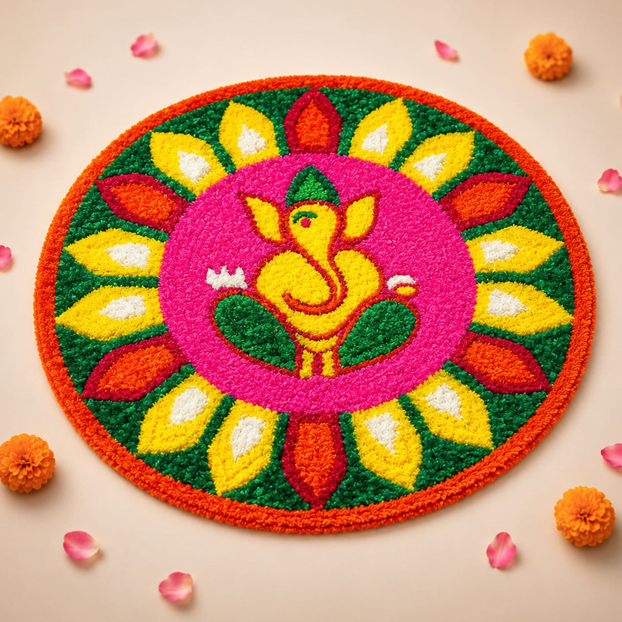 Faux fur yarn wool ganesha rangoli mat with vibrant pink yellow floral design on canvas base for puja and home decor