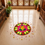 Faux fur yarn wool ganesha rangoli mat with vibrant pink and yellow floral design on canvas base for puja decor