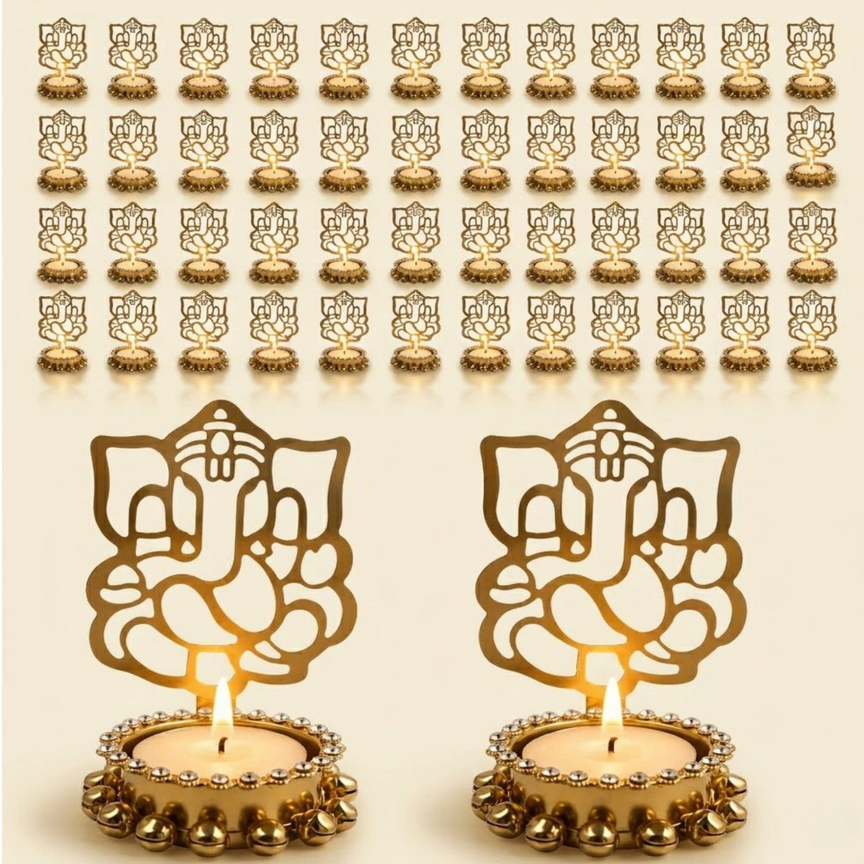 Gold-colored ganesha tea light candle holders with intricate cut-out designs and beaded edges for diwali decor