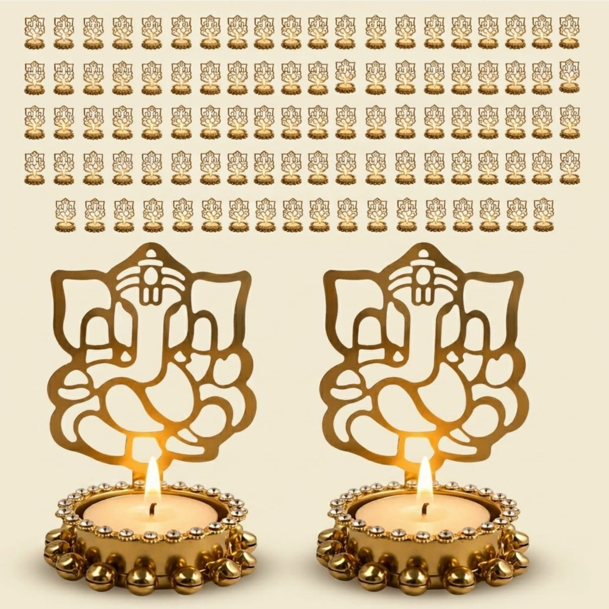 Golden ganesha-themed shadow diya tealight holders with intricate cut-out designs and beaded edges for diwali decor