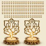 Golden ganesha-themed shadow diya tealight holders with intricate cut-out designs and beaded edges for diwali decor