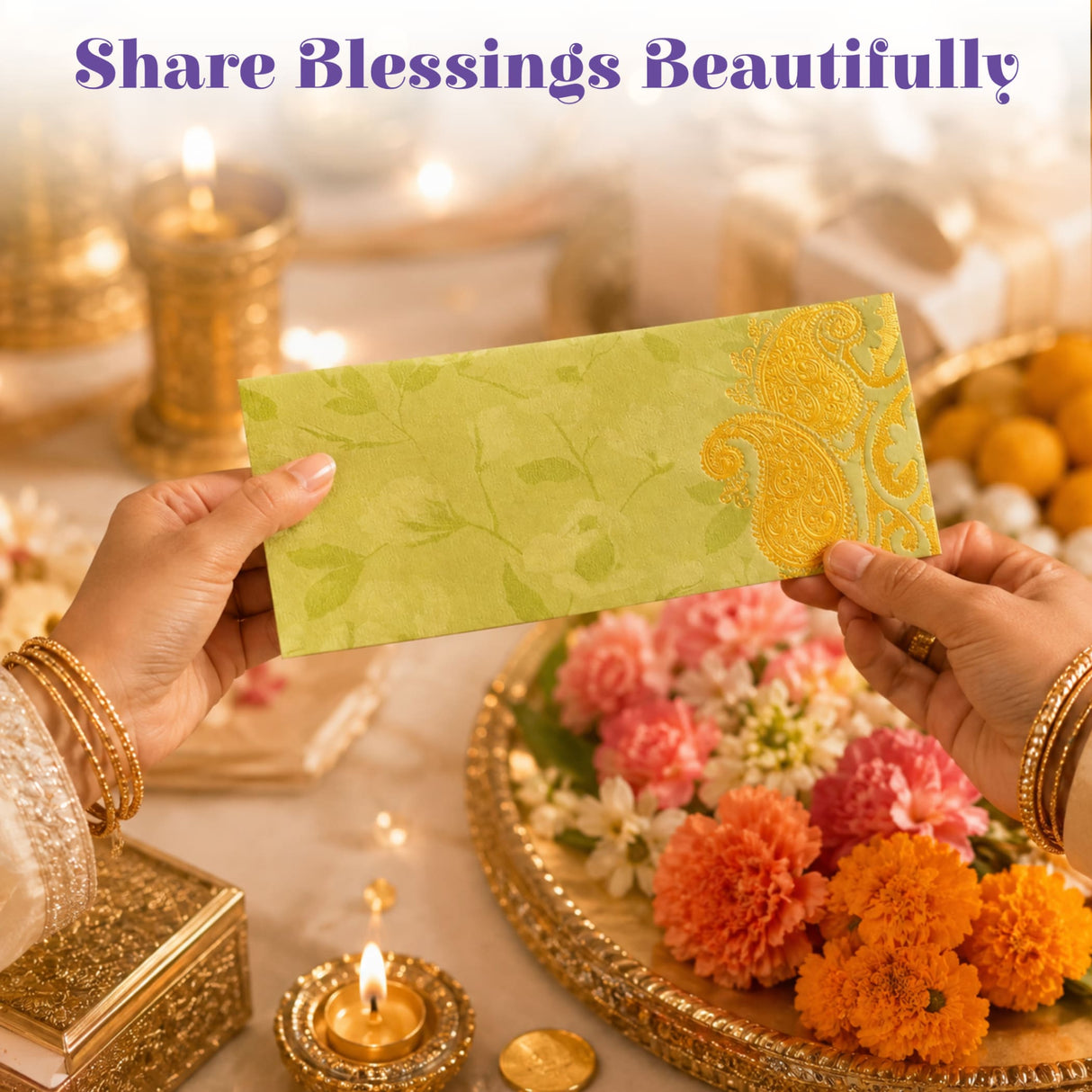A light green decorative money envelope with golden paisley design held between hands for Indian wedding gifts