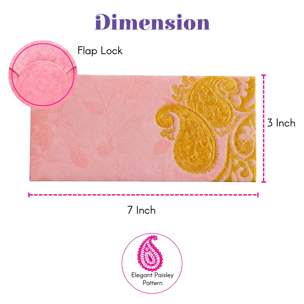 Pink money envelope with gold paisley design and flap lock closure for Indian wedding cash gifts and savings organizer