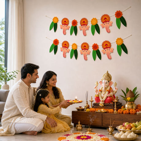 Decorative ganesh chathurti banner featuring pink elephant faces with orange floral crowns for indoor outdoor decor