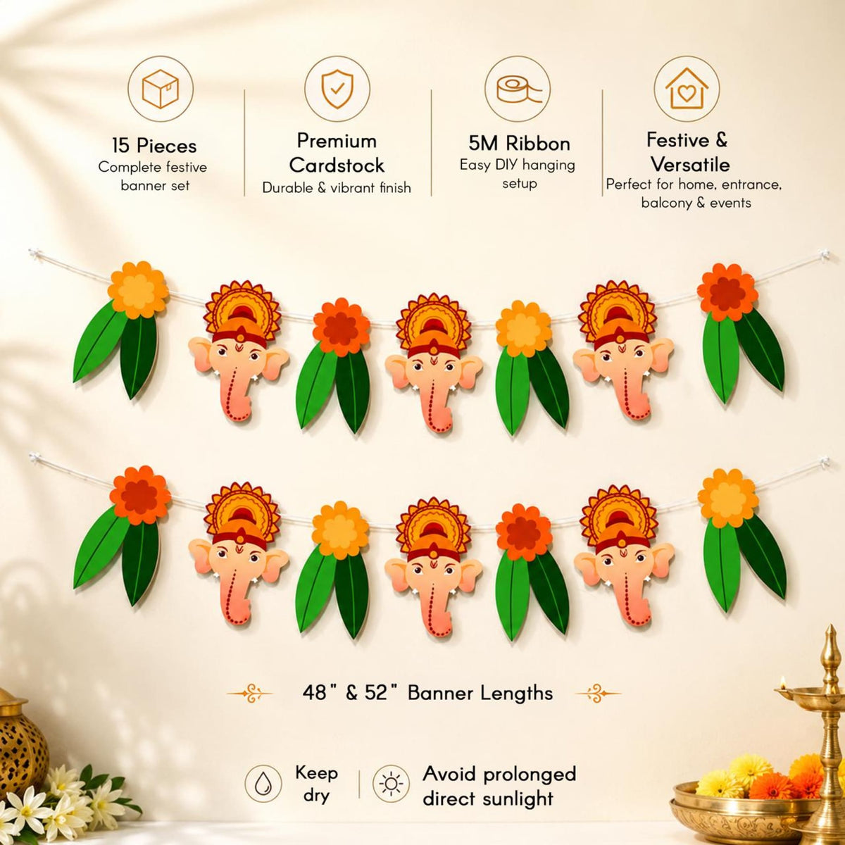 A Ganesh Chathurti paper banner set with 15 orange and green floral pieces for indoor outdoor diy decoration