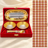 Gold and silver ornate 5-piece german silver bowls spoon and tray set with floral engravings in red velvet box