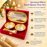 Gold silver plated german silver bowl spoon tray set with intricate floral designs in red velvet wooden box for gift occasion