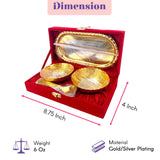 Gold and silver plated bowl spoon tray set with intricate floral designs in red velvet box for festive and corporate gifting