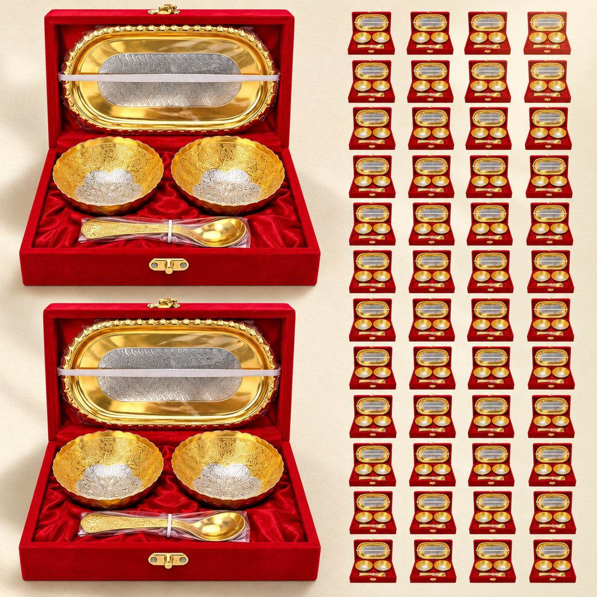 Gold and silver ornate 5-piece german silver bowls spoon and tray set in red velvet box for pooja and festive gifts